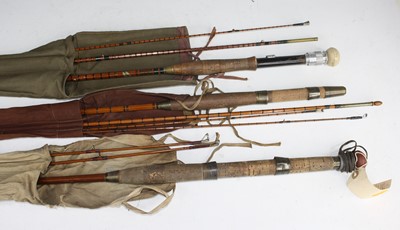 Lot 320 - A Martin James three-piece split cane fly rod,...