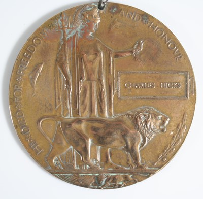Lot 23 - A WW I bronze memorial plaque, naming Charles...