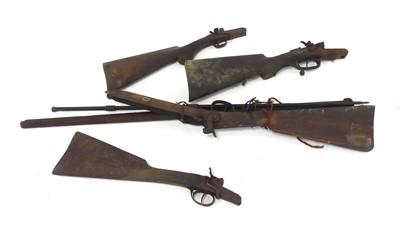 Lot 361 - A 19th century gun stock, the lock with twin...