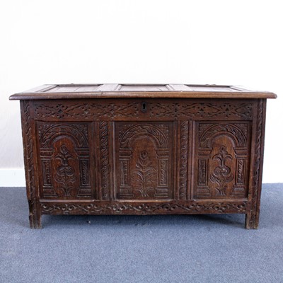 Lot 333 - A circa 1700 joined oak three-panel coffer,...