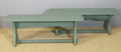 Lot 690 - Two rustic painted pine bench seats, each...