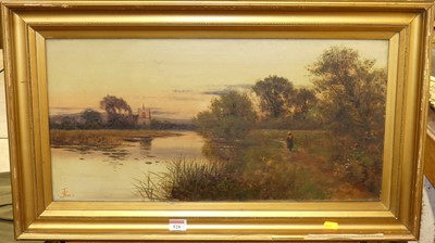 Lot 528 - J. Owen - Figure on a riverside path at sunset,...