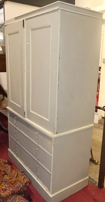 Lot 609 - A grey painted pine linen cupboard, the twin...