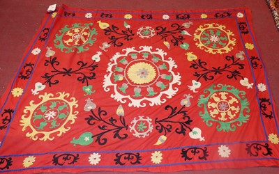 Lot 745 - An embroidered Suzani panel, Uzbekistan,...