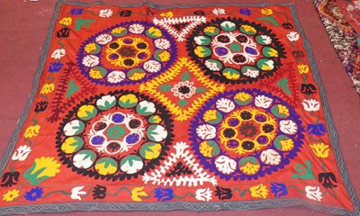 Lot 754 - An embroidered Suzani panel, Uzbekistan,...