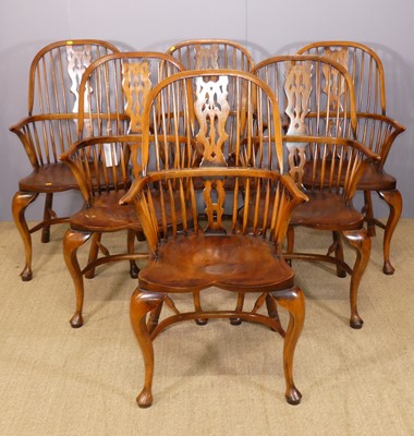 Lot 698 - A set of six elm and fruitwood splat back...