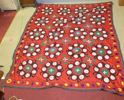 Lot 728 - An embroidered Uzbekistani Suzani wall hanging,...