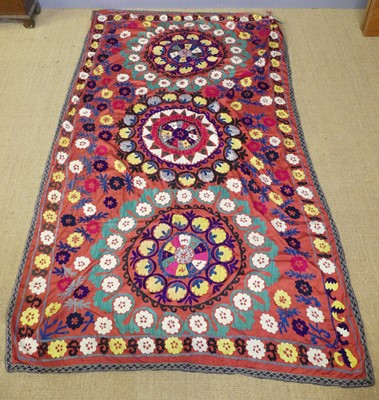 Lot 729 - An embroidered Uzbekistani Suzani wall hanging,...