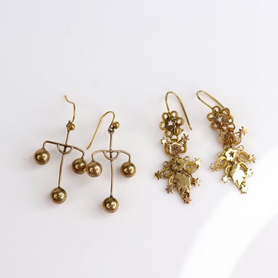 Lot 232 - A pair of yellow metal ear pendants on...